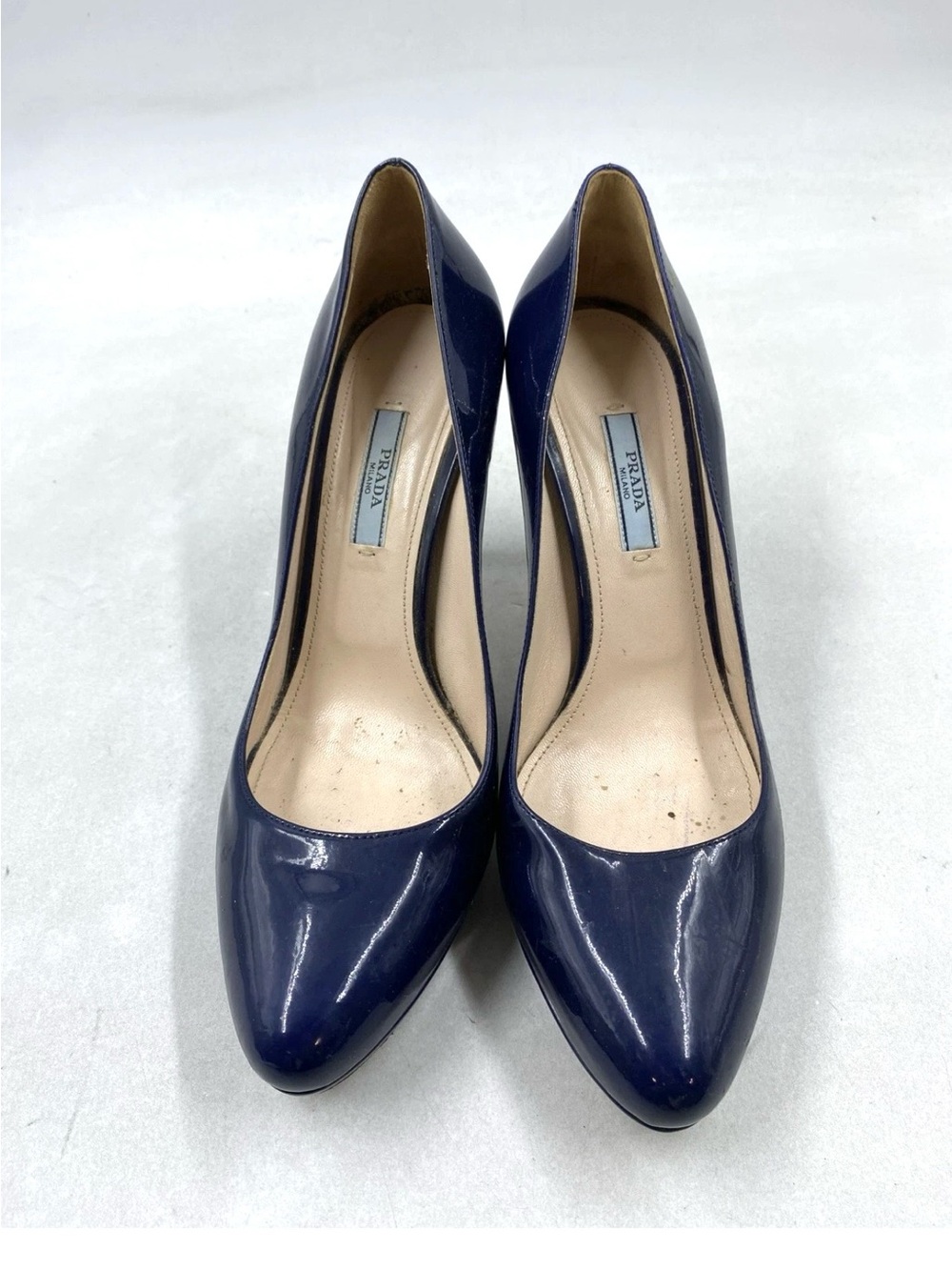 Prada Navy Patent Leather Almond-Toe Pumps, size 39.5 slim